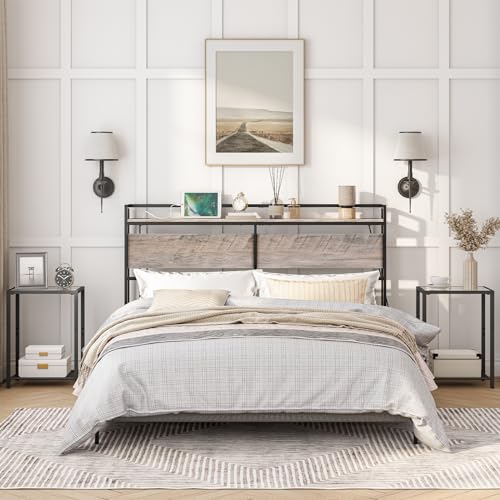 Image of HOOBRO Full Size Headboard, Headboard with 2 Outlets and 4 USB Ports, Adjustable Height, Storage Rack, Sturdy and Stable, Easy Assembly, Greige and Black
