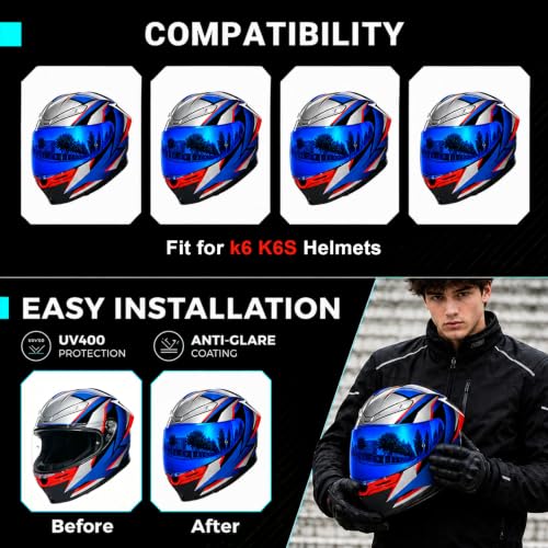 Image of PSLER Shatterproof Motorcycle Helmet Visor for K6 K6s,Deep Blue | Impact-Resistant ,UV400 Protection, Tinted Face Shield for K6 K6s,Helmet Accessories Replacement