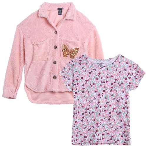 Instagirl Girls' Shirt Jacket Set - 2 Piece Cozy Sherpa Fleece Shacket and T-Shirt - Youth Clothing Set for Girls (7-16)