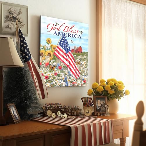 Image of 4th of July America Patriotic Wall Art, God Bless USA Flag and Daisy Field with Farm and Butterflies Print, Summer Country Poster Framed Vintage Wall Decor for Living Room and Entryway 24x30inch