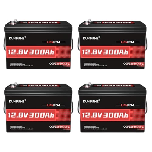 DUMFUME 4 Packs 12V 300Ah Lithium LiFePO4 Battery,15000+ Deep Cycle Battery 200A BMS, 3840Wh...