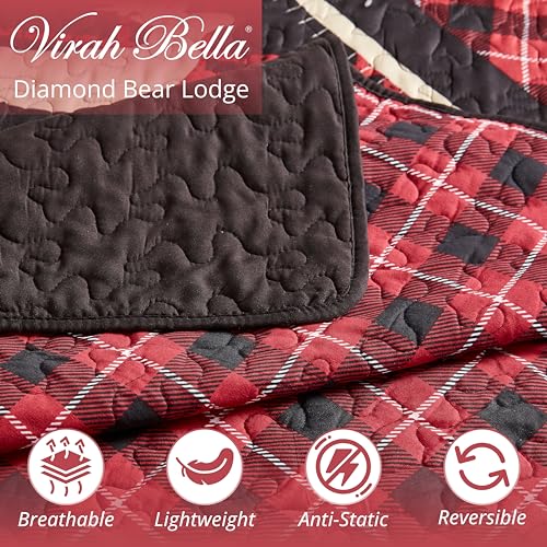 Virah-Bella-3-Piece-Queen-Lodge-Quilt-Bedding-Set-Diamond-Bear-Lodge-Rustic-Cabin-Country-Reversible-Camping-Comforter-Set-with-Decorative-Pillow-Shams-BurgundyBlack Virah Bella 3 Piece Queen Lodge Quilt Bedding Set Diamond Bear Lodge Rustic Cabin Country Reversible Camping Comforter Set with Decorative Pillow Shams BurgundyBlack