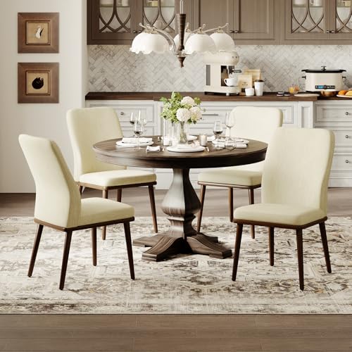 Modern Dining Chairs Set of 4, Upholstered Kitchen Chairs with High Back, Padded Fabric Dining Room Chair with Solid Wood Legs for Restaurant/Cafe/Home, Beige