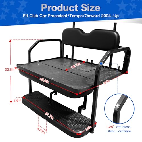 NOKINS Golf Cart Rear Seat Kit, Back Flip Seat for Club Car Precedent/Tempo/Onward 2004-Up, 1.25-Inch Square Steel Frame, Integrated Seat Belt Mounts, UV-Resistant, High-Density Foam Padding(Black)