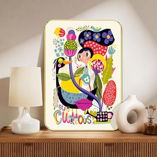 Image of SAF Stay Curious Kids Wall Art | Colorful Cartoon Illustration with Girl & Bird | Motivational MDF Frame Painting for Nursery, Playroom, Study Room & Gifting (19 x 13 Inch) MG01-1042