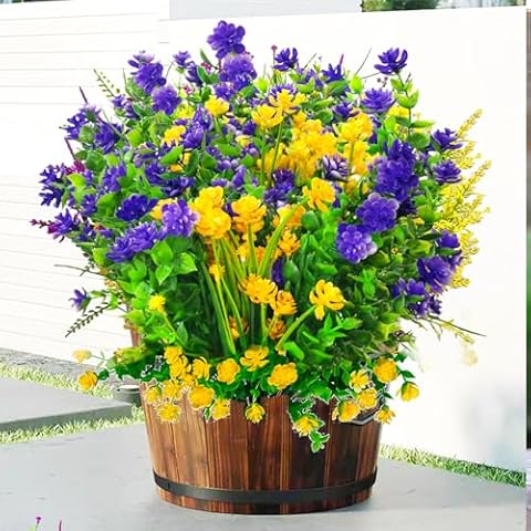 TSTWETO 8 PCS Artificial Flowers for Outdoors, Artificial Plants Outdoor Fake Flowers UV Resistant, Outdoor Fake Plants Plastic Faux Flowers for Porch Window Box Garden (Purple Yellow) Cover