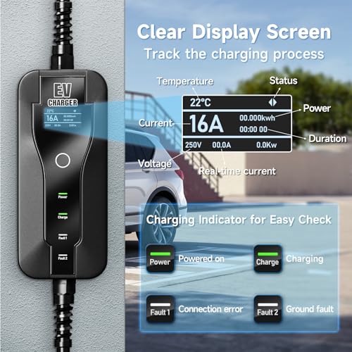 AFYEEV 3.6kw Ladekabel Typ 1, 6M Mit Schuko Stecker, Einstellbarer Strom 8A/10A/13A/16A Elektroauto Ladegerät Mit Tasche (SAE J1772)