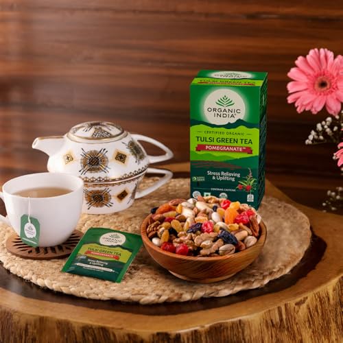 Image of A TATA Product - Organic India Tulsi Green Tea Pomegranate - 25 Tea Bags, Certified Organic, Stress Relief, Rich in Antioxidant, Tulsi & Pomegranate Infusion (Pack of 3)