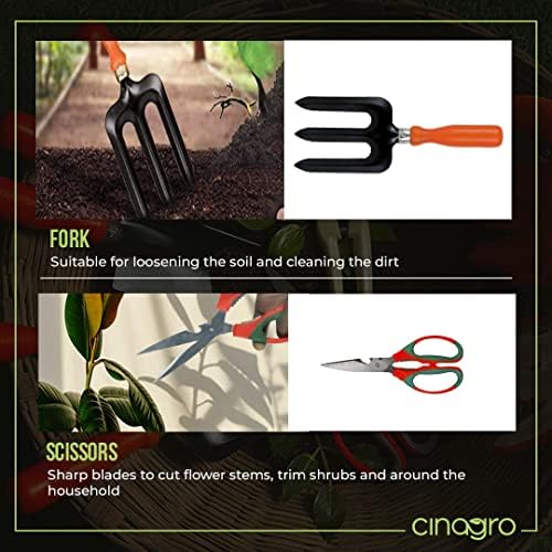 Image of Cinagro Garden Tools Kit Set of 6, Weeder, 2 Trowels, Hand Fork, Cultivator | Gardening Scissor, Farming Tools, Accessories For Home & Outdoor Gardening
