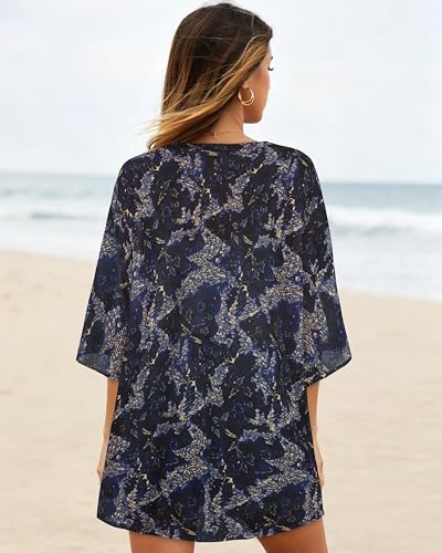 Image of Women's Floral Print Puff Sleeve Kimono Cardigan Loose Cover Up Casual Blouse Tops 2026