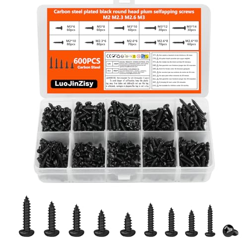 600 Pcs M2 M2.3 M2.6 M3 Small Screws for Wood Black Self Tapping Screws Metal Round Cross Head Screwsset for Plastic Wood Soft Metal