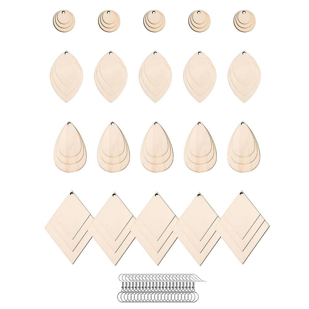 CTRLZS 230 PCS 4 Shapes Unfinished Wooden Earrings Blanks with 60 Earring Hooks, 60 Jump Rings and 50 Silver Bead Chain