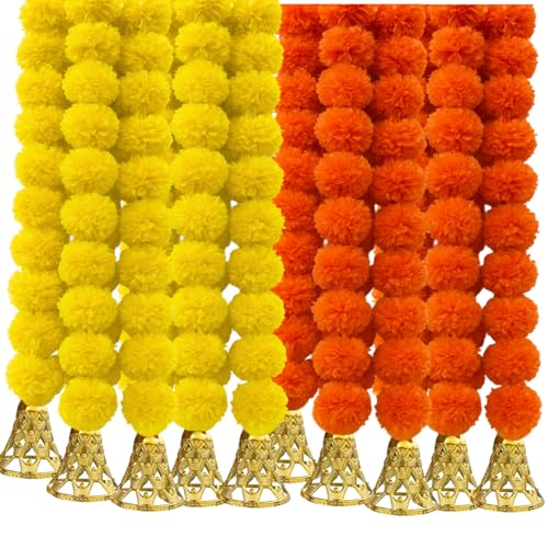 Image of Marigold Garlands Decorations with Bell, Artificial Flowers for Decoration Hanging Garlands for Home Decor, Ganpati Decorations /Diwali Decoration for Home- (Yellow & Orange, Pack of 10)