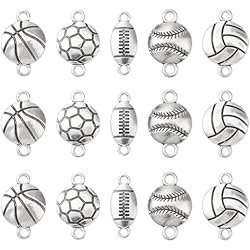 Dijes De Plata De Beisbol UR URLIFEHALL 50 dijes de 5 estilos de plata envejecida con conector de bola deportiva de baloncesto, béisbol, fútbol para hacer joyas y manualidades