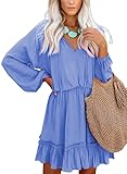 Dokotoo Womens Ladies Summer Spring Sexy V Neck Ruffle Elegant Long Sleeve Empire Waist Cute Chiffon Boho Beach Bohemian Tunic Swing A Line Mini Short Dresses for Women 2023 Casual Summer Sky Blue M
