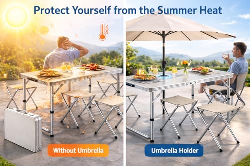 Image of Multipurpose Aluminium Folding Camping Table with 4 Oxford Chairs | Height Adjustable Space-Saving Lightweight Portable Table Set for Picnic, Hiking, Garden, Outdoor, Travel & Indoor Use.