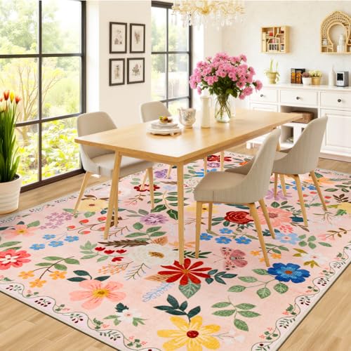 8x10 Area Rugs for Living Room: Floral Washable Rug Vintage Large Soft Boho Non-Slip Carpet Indoor Floor Stain Resistant Carpets for Bedroom Dining Room Farmhouse Nursery Home Office Beige