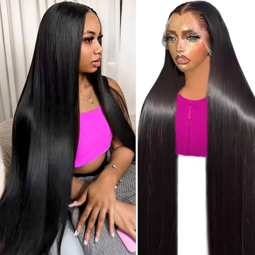 Image of 34 Inch Straight Lace Front Wigs Human Hair for Women 200 Density HD Transparent Straight Lace Front Wigs Human Hair Pre Plucked Glueless Lace Frontal Wigs Natural Black