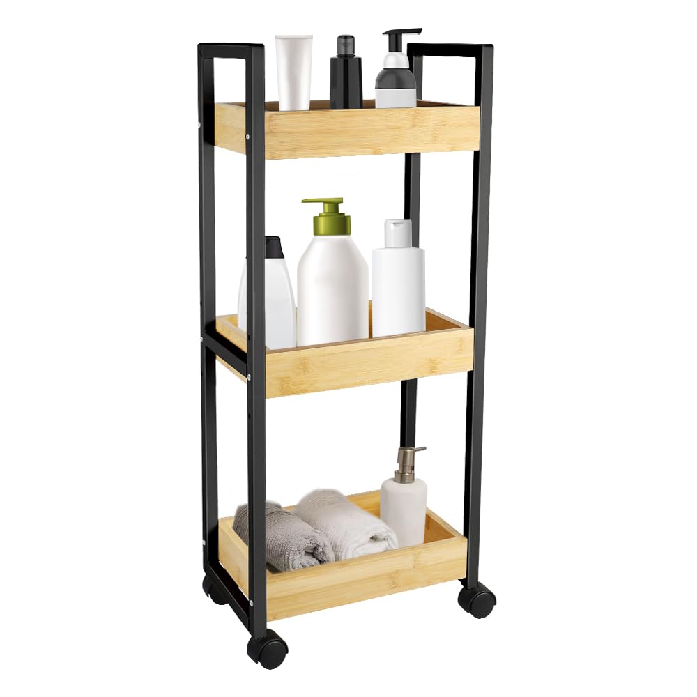 Chariot de rangement à roulettes 3 niveaux en fer et bois pour salle de bain