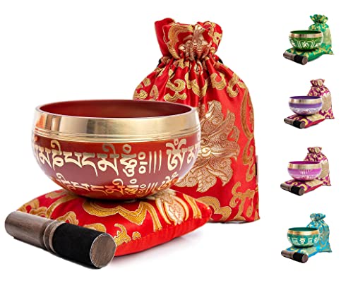 Tibetan Singing Bowl Set - Easy To Play for Beginners - Authentic Handcrafted Mindfulness Meditation Holistic Sound 7 Chakra Healing Gift by Himalayan Bazaar (Crimson)