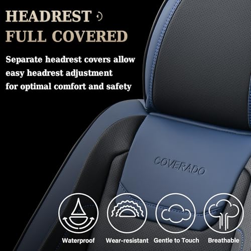 Image of Coverado Car Seat Covers Full Set, Seat Covers for Cars, Waterproof, Leather Car Seat Cushion, Universal Car Interior Covers Seat Protectors for Most Cars Blue
