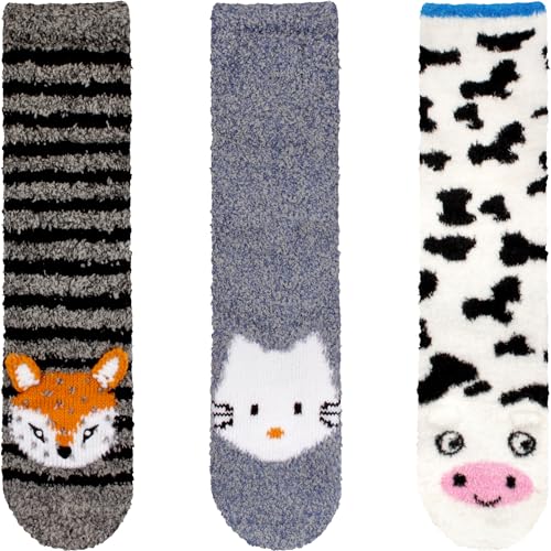 Image of BambooMN Super Soft Warm Cute Animal Face Non-Slip Fuzzy Crew Winter Home Socks, Value Pack
