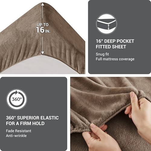 Image of True North by Sleep Philosophy Plush Sheet Set Full, Solid Color, Warm & Soft Bedding Full Size Sheets, Fitted Pocket Fits Up to 16 inch Mattress, Soloft, Full, Brown, 4 Piece