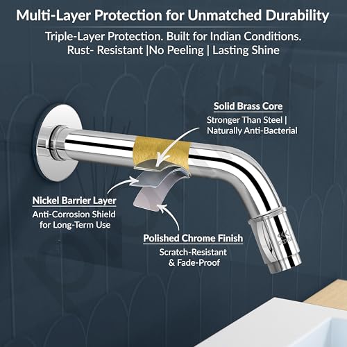 Image of Plantex Pure Brass Long Body Bib Cock Water Tap for Bathroom with Water Saving Aerator /Wall Mount Tap with Brass Wall Flange and Teflon Tape -7 Year Warranty by Plantex (MAG-1202, Chrome)