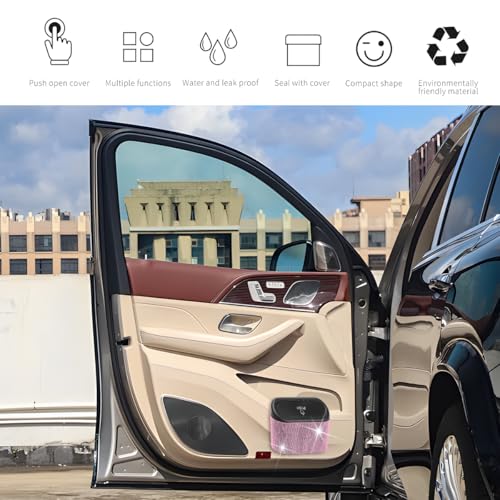 Image of AICEL Bling Car Trash Can with Lid, Crystal Rhinestones Leakproof Auto Garbage Hanging Container Bin, Multipurpose Diamond Dustbin Storage Organizer, Universal Vehicle Accessories (Pink)