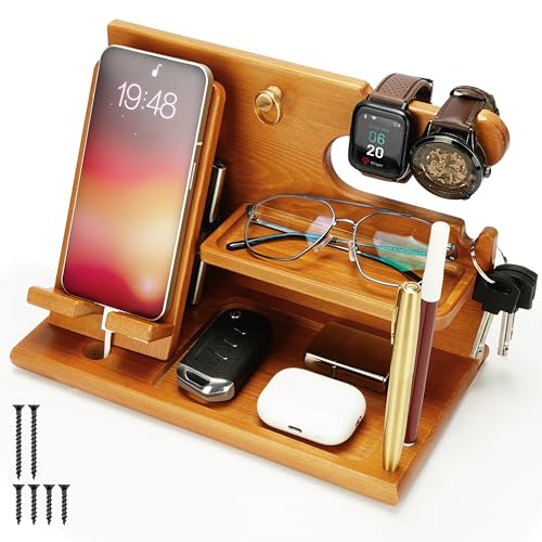 Belle Vous Light Brown Wooden Phone Docking Station - Nightstand/Bedside Table Organiser - Phone, Wallet, Watch, Key & Gadget Holder Stand - Anniversary/Birthday Gift for Men - Husband/Dad Accessories