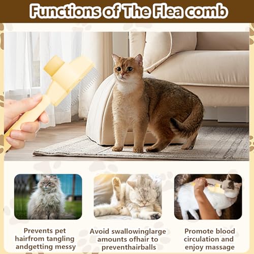 2 Stück Flohkamm für Katzen, Selbstreinigender Flohkamm, Fellblitz Bürste Katze, Multifunktionale Katzenbürste mit Auslöseknopf, Katzenkamm, Fellblitzbürste für Kurzes und Langes Haar