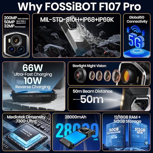 Image of FOSSIBOT F107 Pro 5G Rugged Phone Unlocked, 200-megapixel 4K Ultra-high-Definition Camera, 30GB + 512GB Storage Smartphone, 28000mAh Battery Phone, Android 15,6.95 inch 120Hz Display Waterproof Phones