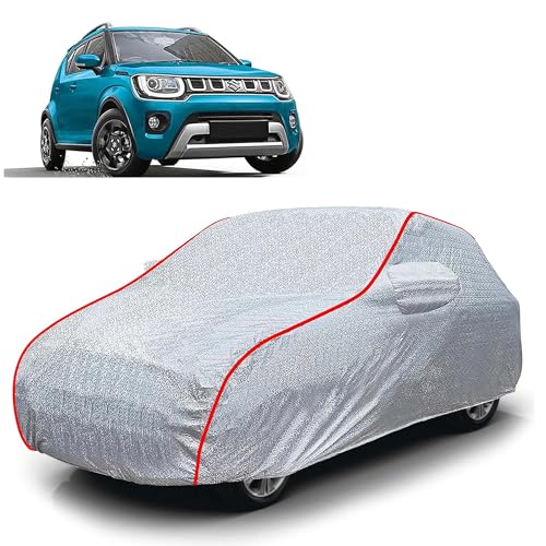 Image of Sulfar 100% Waterproof Car Body Cover Compatible with Mirror for Maruti Suzuki Ignis (Triple Stitched, Full Bottom Elastic, Magic Silver with Red Piping)