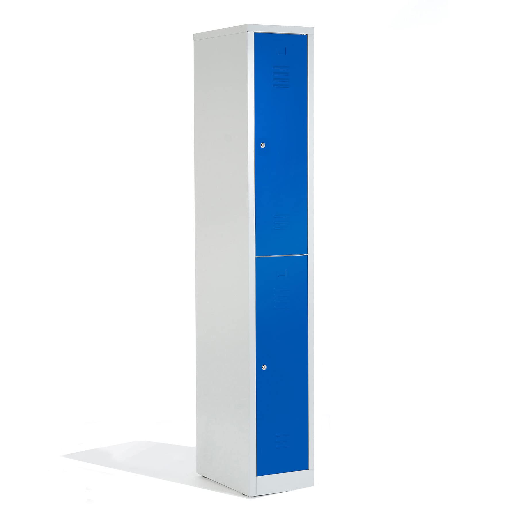 Schrank & Stuhl Spind – Metallspind mit 1 x 2 Abteilen 195 x 31,5 x 50 cm, Schließfachschrank mit Zylinderschlössern, Lieferung komplett montiert, Grau/Blau