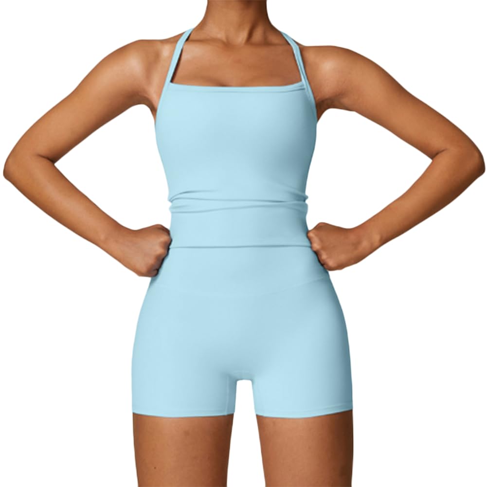 JPXJGT Workout Cross Strap Fitness Vest High Waist Tight Fit Yoga Shorts Yoga Set(Size:L,Color:Light blue)