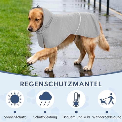 Wasserdichter Hunderegenmantel mit Reflektorstreifen & Leinenöffnung - Atmungsaktiver Regenjacke für Hunde Aller Größen, Winddicht und Verstellbar für Kleine, Mittelgroße & Große Hunde (Grau, M)