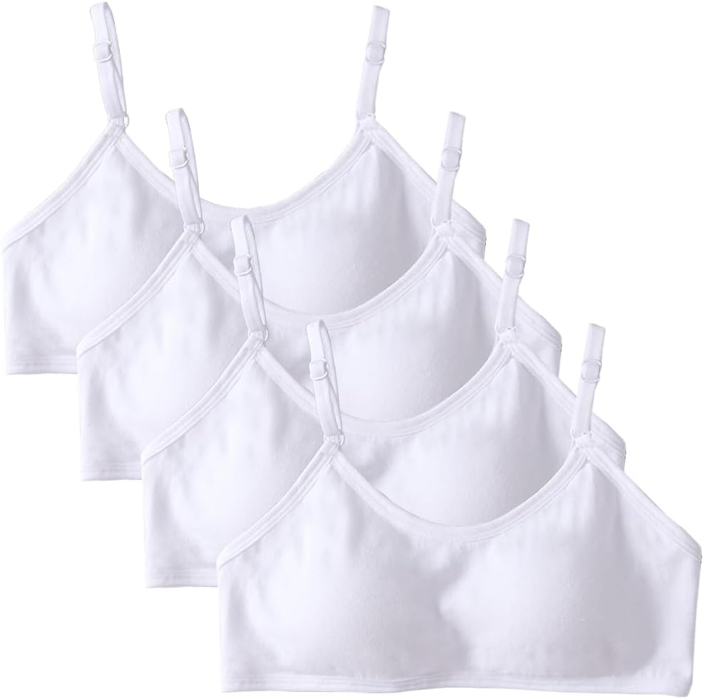 4 Pack Girls Sports Bra Training Bras Underwear with Fixed Bust Pad and Adjustable Strap Teenage Girls Crop Top for Kids 10-18 Years