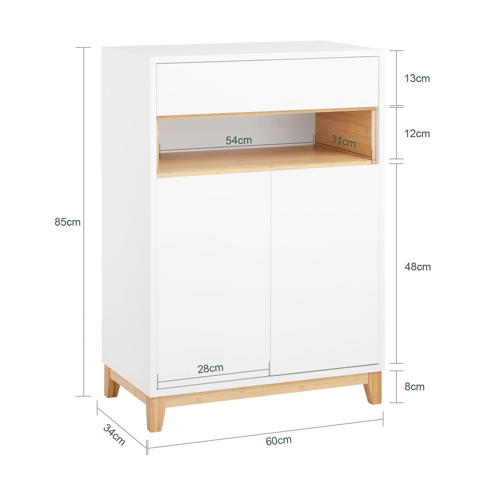 SoBuy Credenza Cucina Mobile Soggiorno – Madia Salvaspazio con Cassetto e Ripiani Regolabili - Mobiletto Ingresso Multiuso Per Cucina, Ingresso o Salotto - Bianco/Naturale 60x34x85cm FSB97-WN