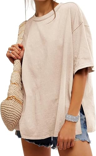 UNCLECAT Womens Oversized T Shirts Summer Trendy Short Sleeve Crew Neck Tops Loose Fit Side Slit Tee Apricot