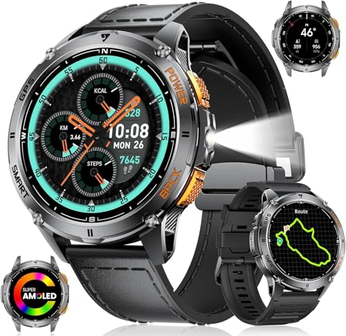 LIGE Montre Connectée Homme GPS, Batterie 530mAh, Écran AMOLED 1,43", Montre Militaire avec Lampe Torche et Boussole, 5ATM, Appels Bluetooth et Suivi Santé pour Android iOS