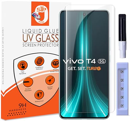 Image of STP FEEL Premium UV Tempered Glass Screen Protector Guard Compatible For Vivo T4 5G (6.77 Inch, Pack of 1) Full Adhesive UV Curved Case Friendly HD Clarity with easy installation kit for Smartphone