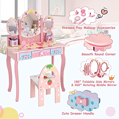 image for Generic Fireflowery Kids Vanity, Strawberry Princess Girls Vanity Set 