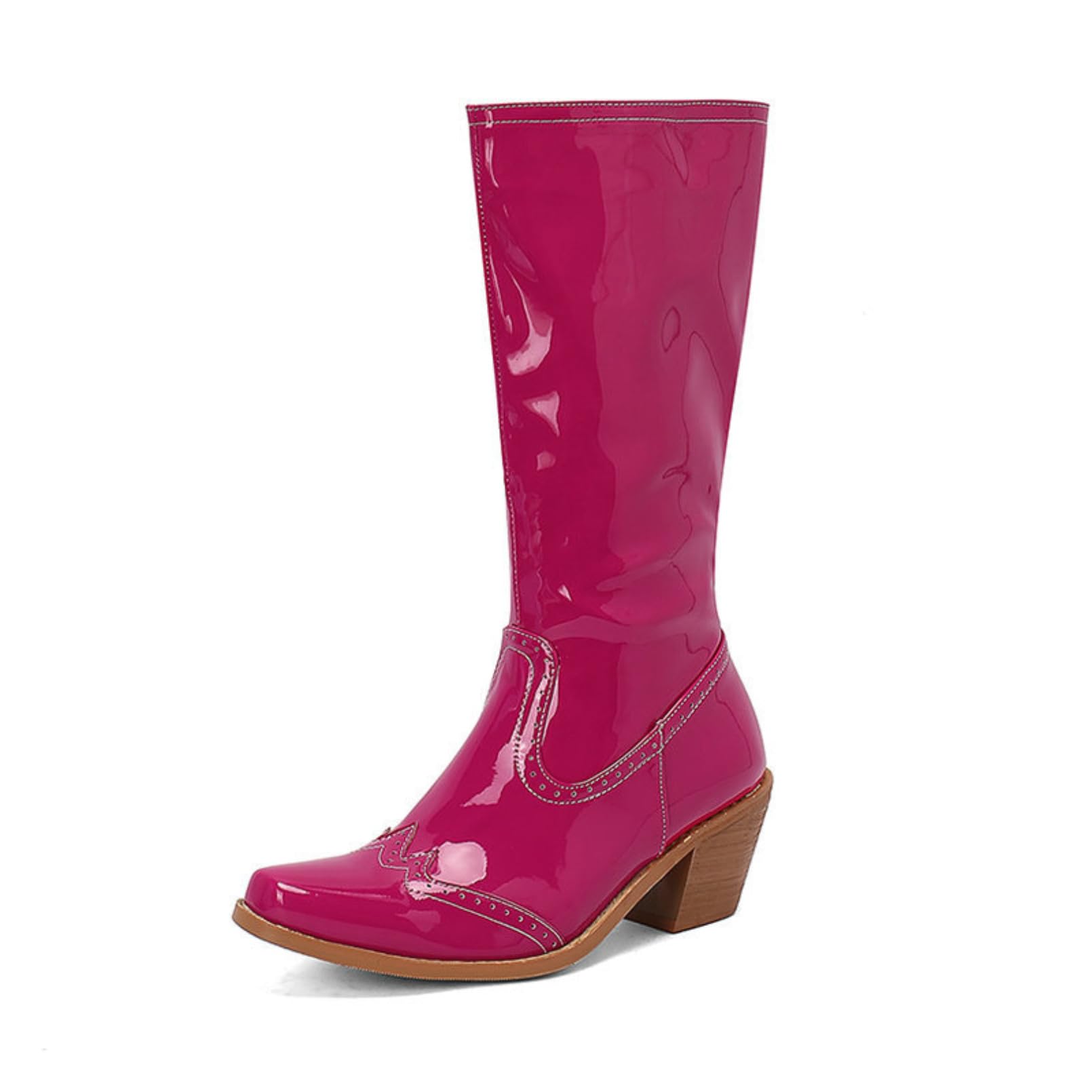 Womens Simple Square Toe Mid High Boots Patent Leather Platform Long Boots Chunky Block Heel Side Zipper Solid