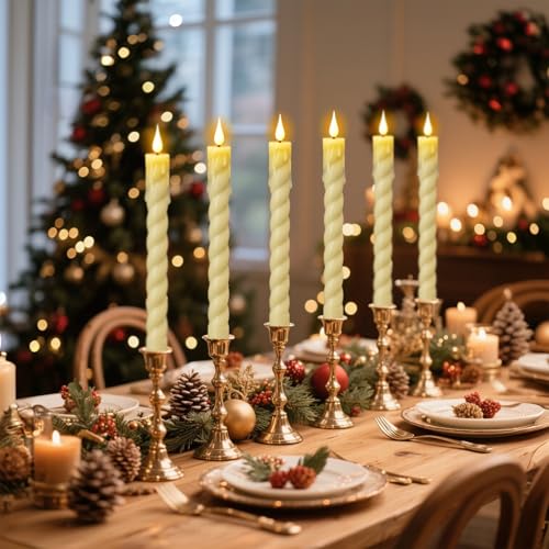 Image of Flickering Flameless Taper Candles with Remote and Timer, 2 Pack Battery Operated LED Taper Candles 3D Wick Plastic Dripping Effect Dinner Wedding Holiday Decor(Ivory, 0.78 inch D x 9.65 inch H)