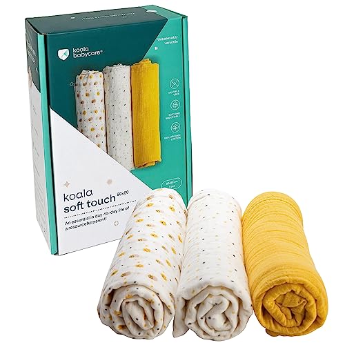 Koala Babycare - Mussole Neonato Cotone 100% - 3 Pz 80x80cm - Ideale come Regalo Neonati - Giallo