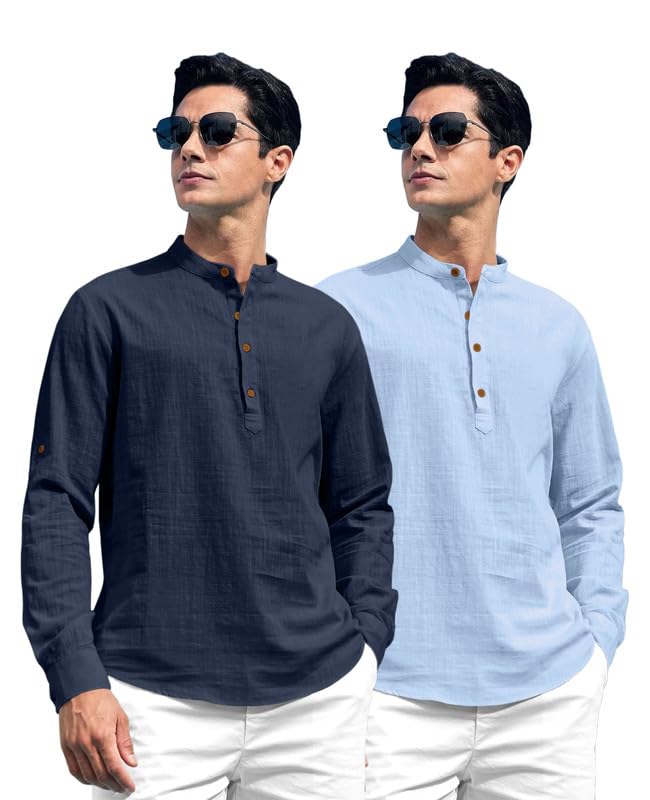 Image of ROYALSCOUT Combo of Men's Solid Cotton Blend Full Sleeve Straight Kurta Shirt (Pack of 2)