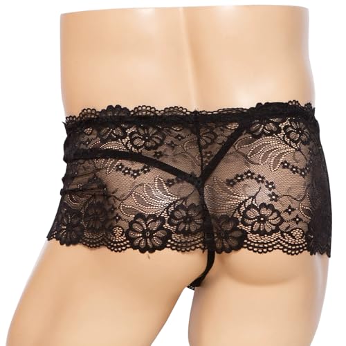 Men's Lace Frilly Sissy Thong Panties Two-Piece Set Sexy Sheer Mesh G-String Bikini Briefs Underwear Skirt Sissy Pouch for Men Black3