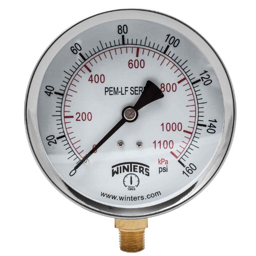 Winters 4 inch Dial Size, Economy Utility Pressure Gauge, Potable Brass Internals, Steel Case, Dual Scale 0-160 psi/kPa, 3-2-3% Accuracy, 1/4 inch NPT Bottom, Glass Lens, Drinking Water Gauge