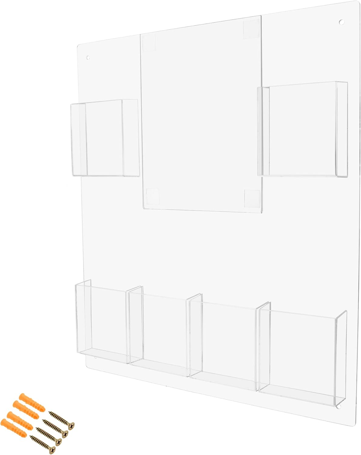 Marketing Holders 2 Pack Sign Holder and Tri Fold Rack with Hardware Wall Mount Multi Pocket Pamphlet Flyer Holder4 Brochure Display Clear Acrylic Literature System