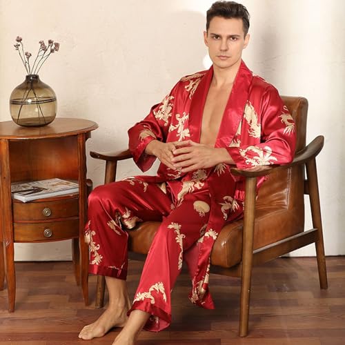 Men's Long Sleeve Pajamas Satin Robe Set Soft Pant Silky Fall V Neck Spandex Comfy Thin Lounge 2 Piece3